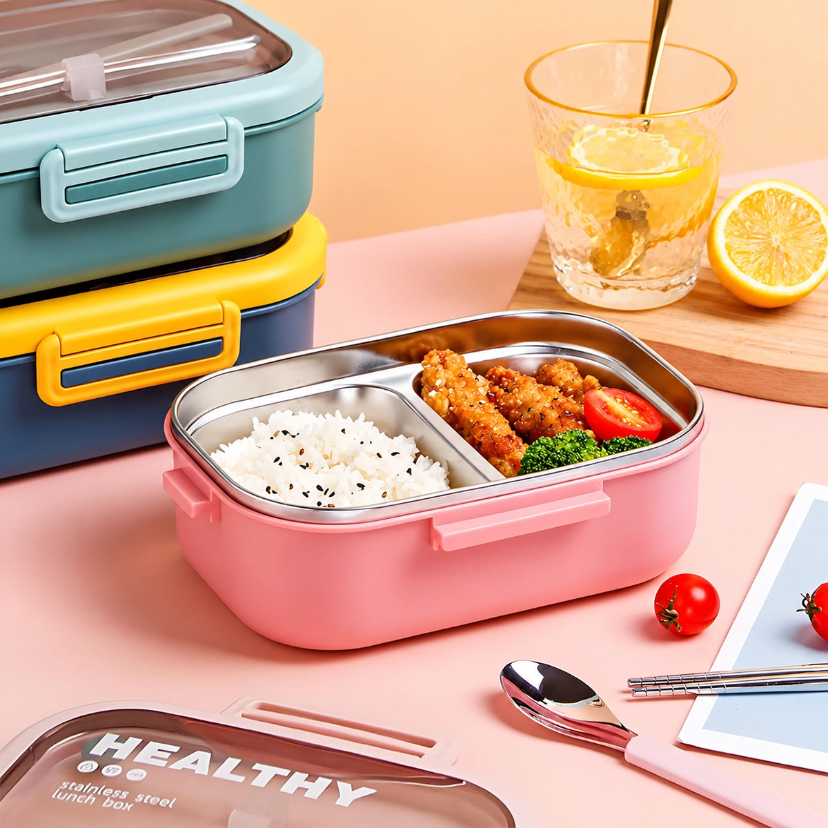 Tedemei Stainless Steel 2 Compartment Leak Proof Lunch Box with 1 Spoon and 2 sticks