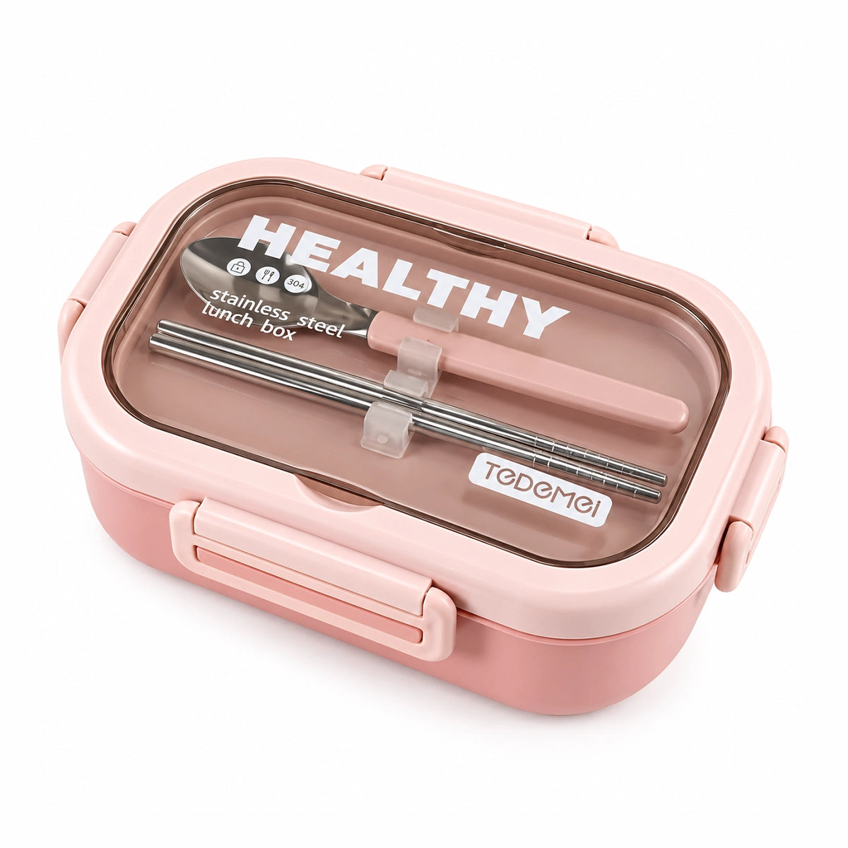 Tedemei Stainless Steel 2 Compartment Leak Proof Lunch Box with 1 Spoon and 2 sticks