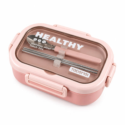 Tedemei Stainless Steel 2 Compartment Leak Proof Lunch Box with 1 Spoon and 2 sticks