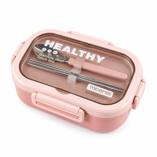 Tedemei Stainless Steel 2 Compartment Leak Proof Lunch Box with 1 Spoon and 2 sticks