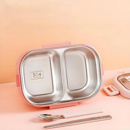 Tedemei Stainless Steel 2 Compartment Leak Proof Lunch Box with 1 Spoon and 2 sticks