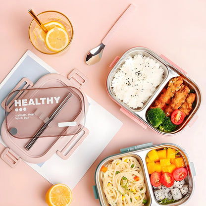 Tedemei Stainless Steel 2 Compartment Leak Proof Lunch Box with 1 Spoon and 2 sticks