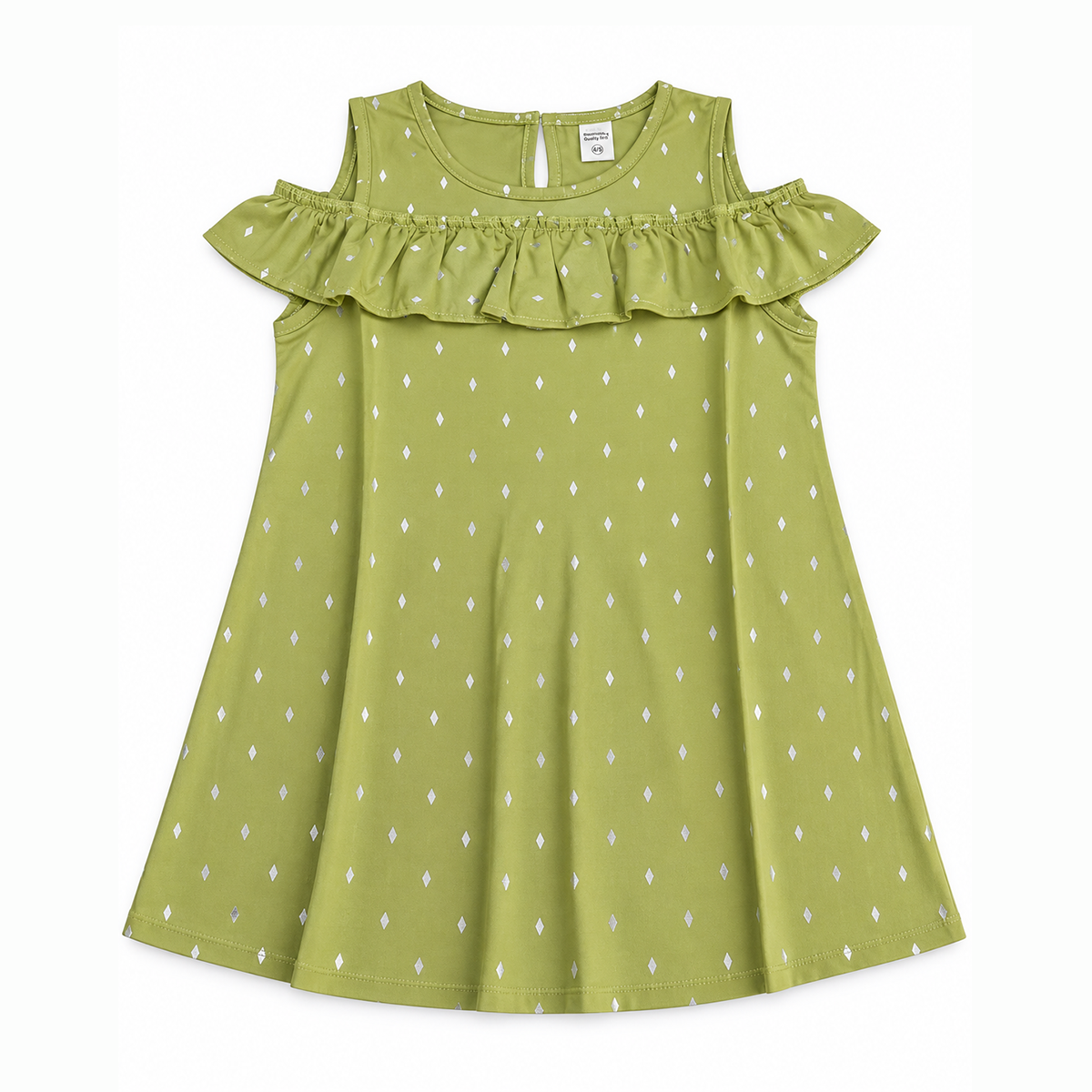 Twirling Olive Ruffle-Neck Girls Dress