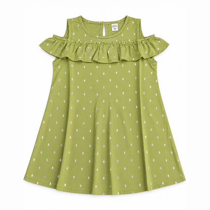 Twirling Olive Ruffle-Neck Girls Dress