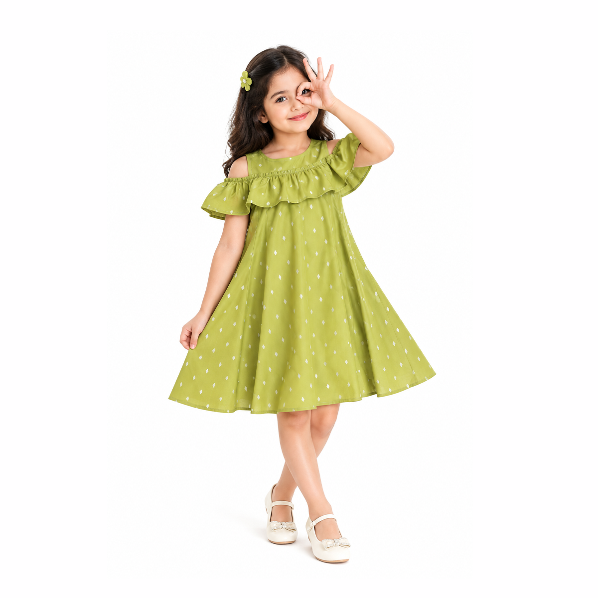 Twirling Olive Ruffle-Neck Girls Dress